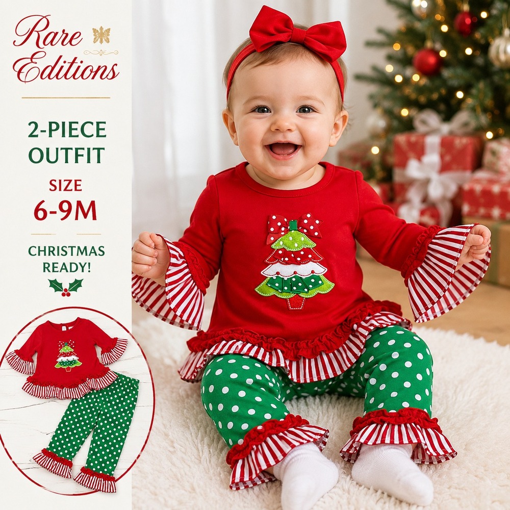 Rare Editions Pant Set Baby Girl 6-9M Red Green Christmas Tree Ruffle Holiday